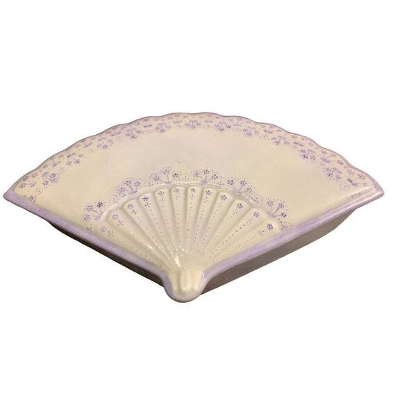 Ceramic Fan-Shaped Trinket Dish Hand-Painted Lavender Floral Design 1994 By Ladu - Picture 2 of 5